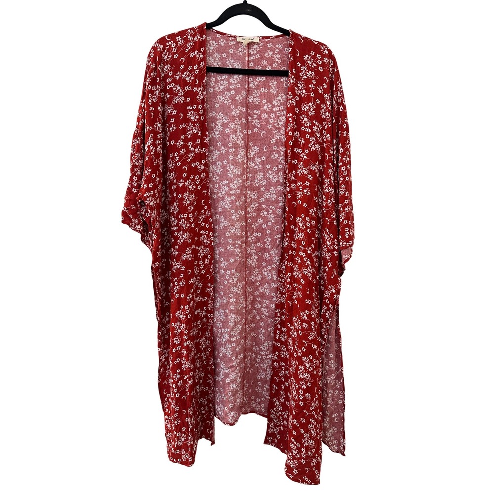 Sandy & Sid Red Floral Kimono Cardigan Open Front Size S Boho Hippie Festival